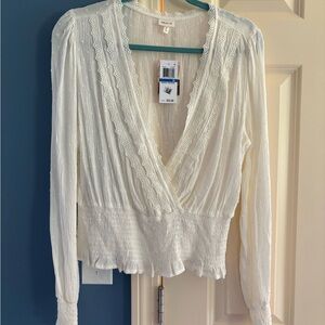 Cream Ruffled Wrap Blouse with Long Sleeves